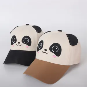 Close-up of cute panda face embroidery on cotton canvas kids baseball caps
