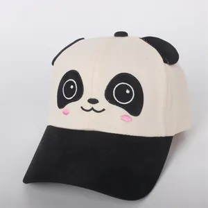 Close-up of cute panda face embroidery on a cotton baseball cap for kids and toddlers