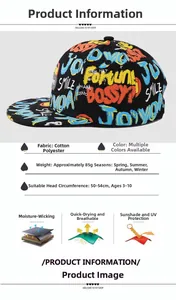Detail view of colorful graffiti kids hip hop cap with size 50-54cm for ages 3-10