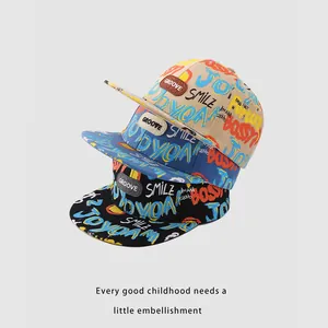 Three kids graffiti hip-hop baseball caps stacked in khaki, blue, and black cotton fabric