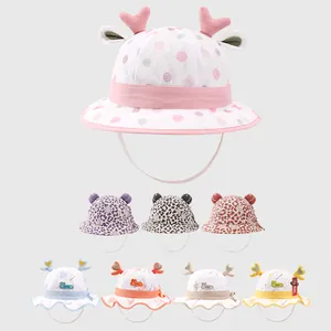 Cappello da Sole a Secchiello per Bambini con Corna Orecchie Cotone Cartone Animato Pois Estate Spiaggia Pescatore