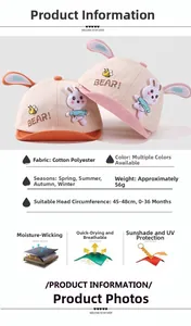 Infografik zeigt atmungsaktiven Stoff und 45-48cm Größe für rosa Baby-Hasen-Sonnenhüte