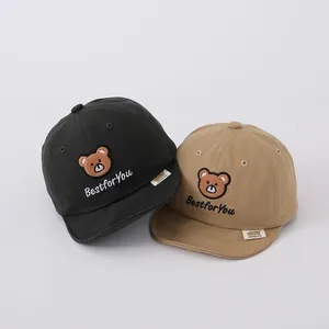 Cute baby soft brim baseball caps with bear patch and embroidery in black and khaki colors