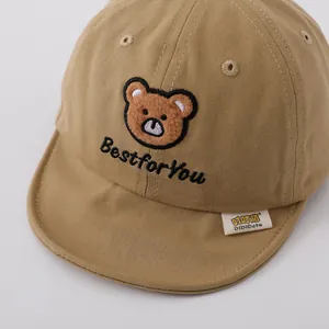 Cute khaki baby baseball cap with soft brim featuring bear embroidery and BestforYou text