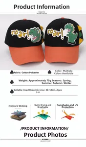 Detailed chart showing kids dinosaur baseball cap features, materials and size guide