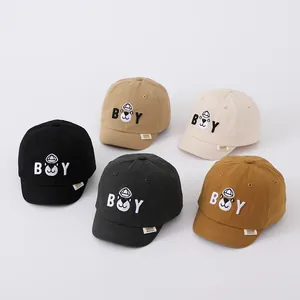 Kids cotton baseball caps set with BOY embroidery and soft brims in five assorted colors