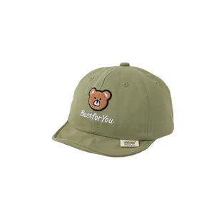 Cute olive green baby baseball cap with bear embroidery and soft adjustable brim