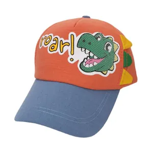 Kids baseball cap featuring a color-block design with a cartoon dinosaur and roar text