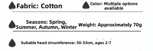 Size chart for 2-7 years cotton baseball cap with 50-53cm head circumference specs