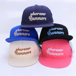 Detailed display of five colorful hip-hop flat brim caps with embroidered Run letters