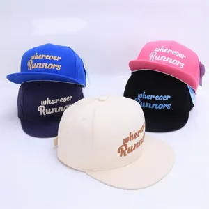 Collection of five colorful flat brim baseball caps with 'RUN' 3D embroidery detail