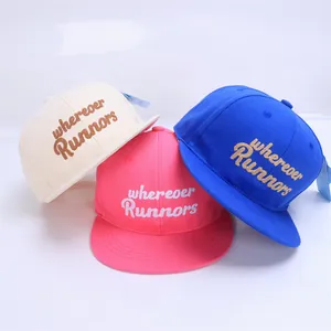 Kids snapback baseball caps with Runners embroidery in beige, pink and blue colors