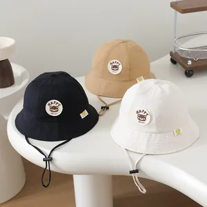 Kids cotton bucket hats with Happy Bear embroidery and adjustable windproof straps