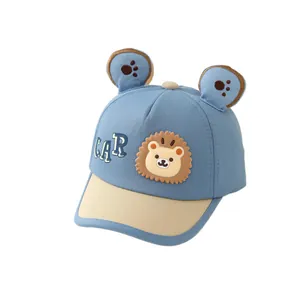 Berretto da baseball blu e beige per neonati con toppa a leone e orecchie decorative