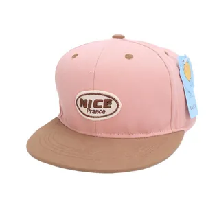 Pink and brown kids snapback hat with NICE Prance embroidery and flat brim design