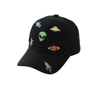 Kids black canvas baseball cap featuring colorful space universe themed embroidery