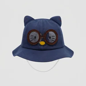 Kids navy cotton bucket hat with cute 3D ears and round glasses embroidery detail