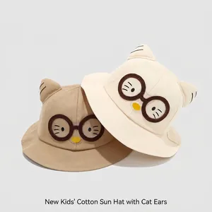 Set of two cotton kids fisherman hats with cat ears and decorative round glasses