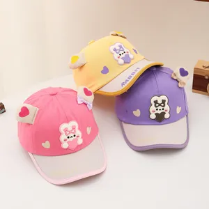 Cute kids cartoon rabbit baseball caps in pink yellow and purple with rabbit embroidery