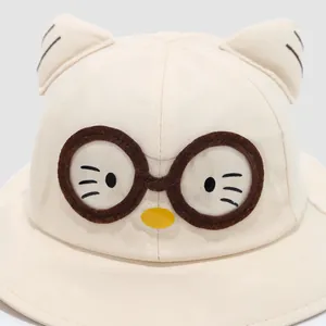 Beige cotton canvas baby sun hat with cute cartoon cat ears and glasses embroidery