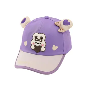 Kids cute cartoon rabbit baseball cap with 3D ears and bow in purple and beige