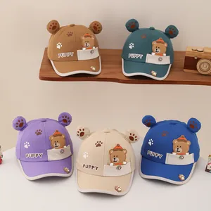 Detailed display of cute kids baseball caps with bear pockets in five vibrant colors