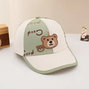 Two-tone bear baseball cap for kids with cute cartoon patch in beige and green