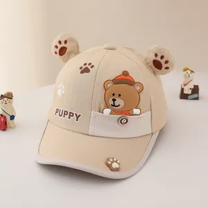 Close-up of khaki cotton kids baseball cap with 3D bear ears and puppy embroidery detail