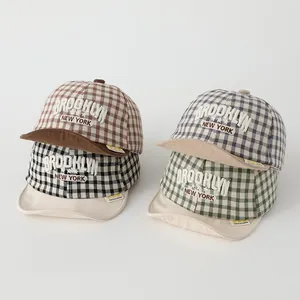 Plaid pattern cotton baseball caps for kids featuring Brooklyn New York embroidery detail