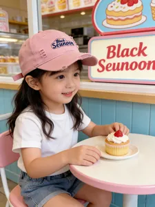 Détail de casquette enfant rose délavée avec broderie bleue et visière effet vieilli