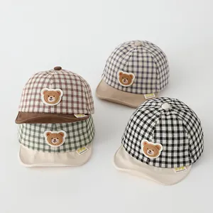 Toddler Kids Gingham Baseball Cap Cotton Breathable Sun Protection Cute Bear Letter R Patch Casual Korean Style Boys Girls Hat