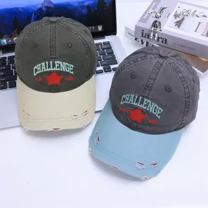 Retro distressed baseball caps for kids with vintage challenge embroidery and torn brims