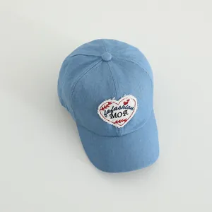 Kids denim baseball cap with frayed heart embroidery patch and fashion lettering