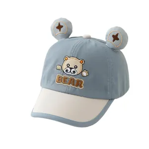 Kids baseball cap with cute 3D ears and cartoon bear embroidery in blue and beige