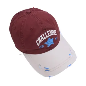 Vintage distressed baseball cap in red and beige with embroidered Challenge lettering