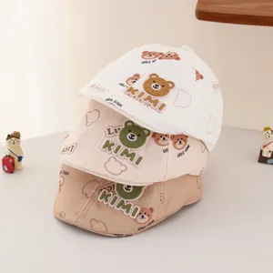 Kids cotton sun hats with cute bear patches and KIMI embroidery in three colors