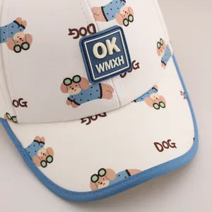 Kids dachshund dog baseball cap with blue brim and cartoon puppy print for ages 2-5