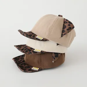 Children's cotton baseball caps with leopard print ears in khaki, cream and brown colors
