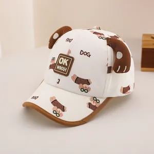 Detailed view of kids baseball cap featuring 3D ears and cartoon dog graphics