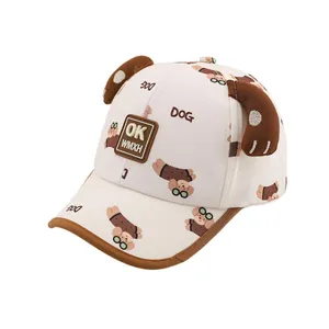 Toddler baseball cap with dog patterns and plush 3D ears in cream and brown