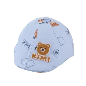 Light blue cotton baby beret featuring a bear print and cute Kimi 3D mascot logo