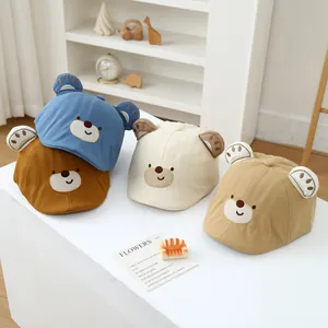 Toddler baseball hats with bear embroidery in blue, brown, beige and khaki colors