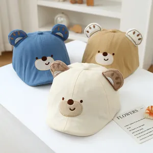 Cute cotton baby baseball caps with bear ears and embroidery in beige, blue, and khaki