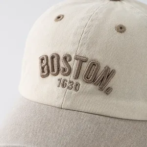 Retro BOSTON 1630 embroidery baseball cap for kids with beige cotton and brown brim