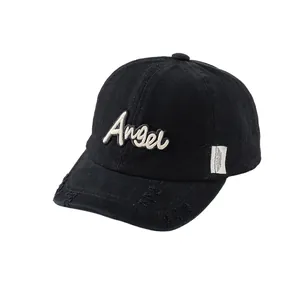 Vintage black cotton baseball cap with Angel embroidery and distressed brim details