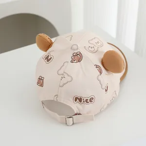Pink toddler baseball cap with plush bear ears and cartoon print for summer sun protection