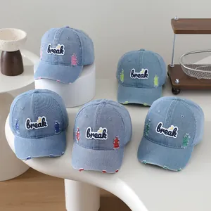 Detailed collection of vintage distressed denim kids baseball caps in five vibrant colors