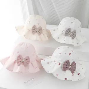 Kids Girls Summer Sun Hat Cotton Polyester Wide Brim Bucket Hat With Mesh Bow Decoration Floral Pattern Sun Protection Hat