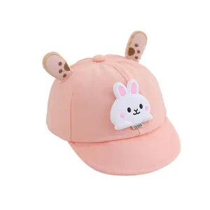 Pink toddler baseball cap with cute 3D bunny ears and panda cartoon patch for sun protection