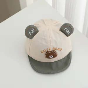 Detailed close-up of cute bear embroidery and bicolor stitching on the cotton baby cap